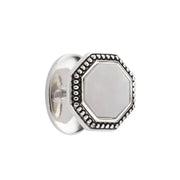 Oxidized sterling silver octagonal mother-of-pearl shirt stud with polished bullet back closure, Jan Leslie
