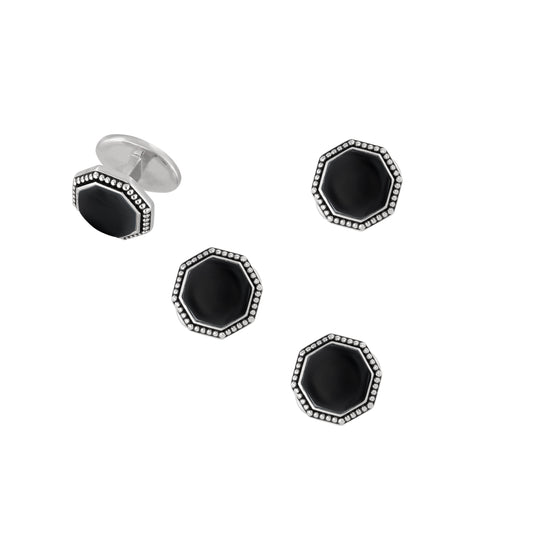 Black onyx octagon tuxedo stud set with oxidized sterling silver antique milgrain bead border 