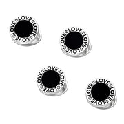 Sterling silver black onyx LOVE shirt stud set of four scattered view showing repeating LOVE text border and smooth black onyx center by Jan Leslie