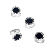 Sterling silver black onyx LOVE shirt stud set of four scattered view showing repeating LOVE text border and smooth black onyx center by Jan Leslie