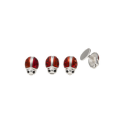 3D ladybug tuxedo stud set with glossy red enamel domed wing covers black enamel spots