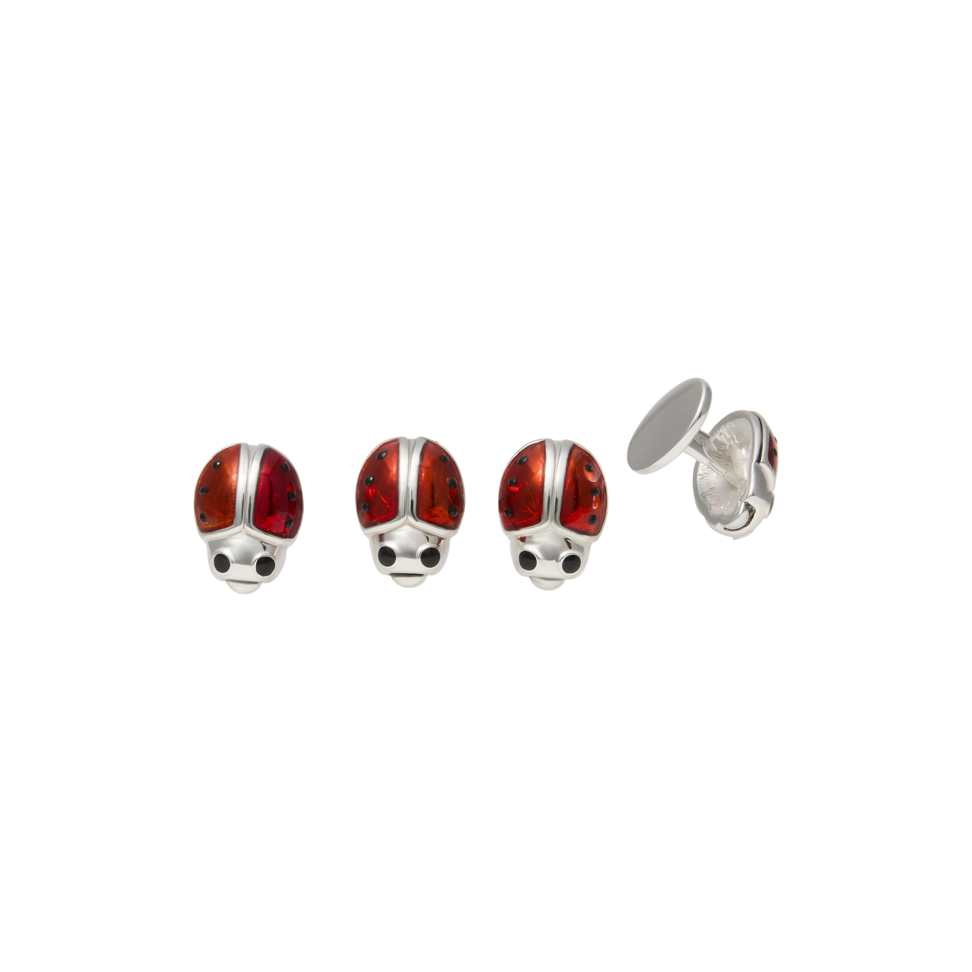 3D ladybug tuxedo stud set with glossy red enamel domed wing covers black enamel spots