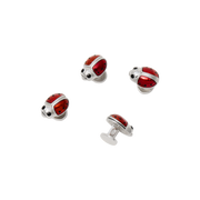 3D ladybug tuxedo stud set with glossy red enamel domed wing covers black enamel spots