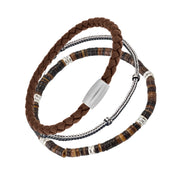 Dark brown braided leather bracelet with brushed silver cylindrical magnetic clasp