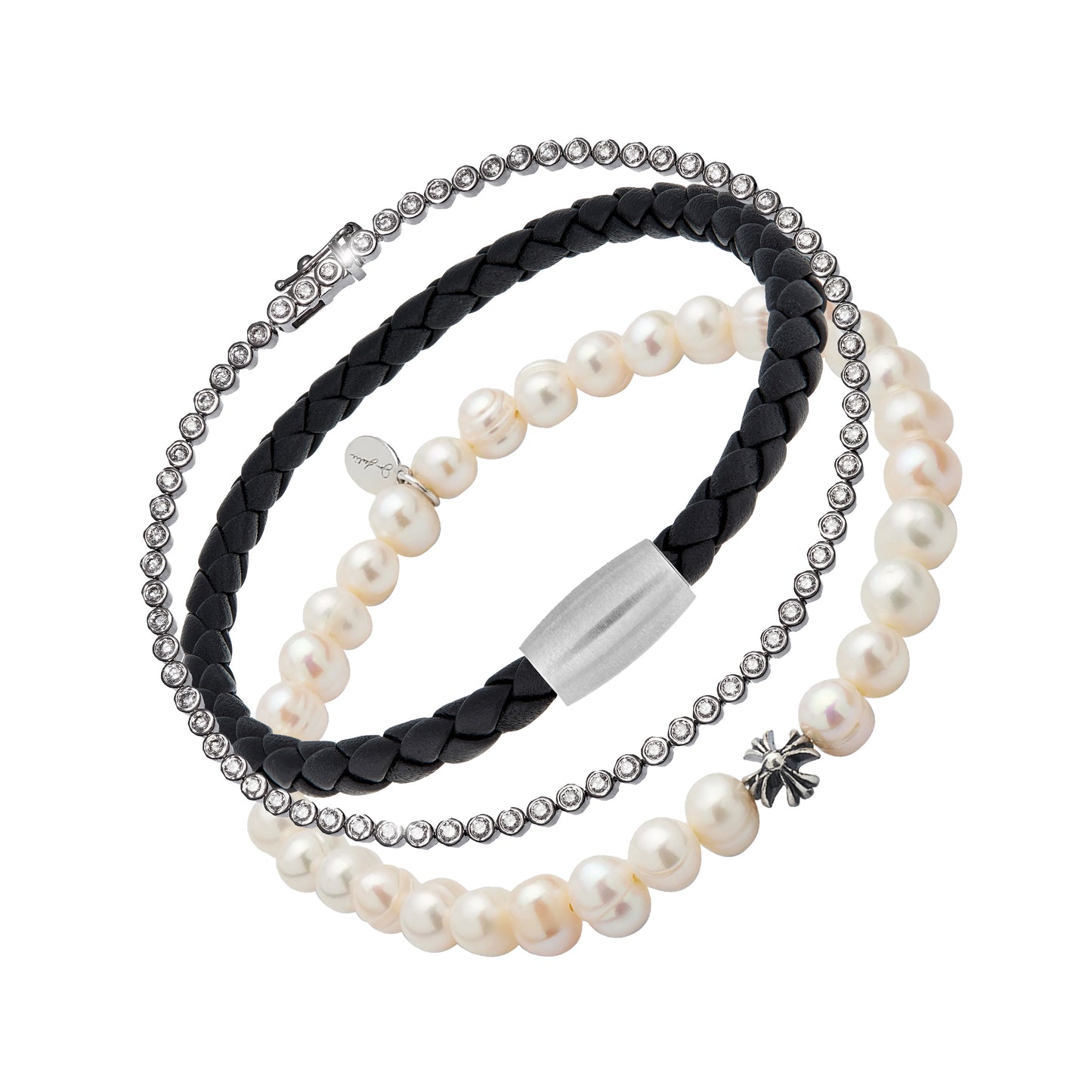 Diamond, Leather and Pearl Bracelet Stack