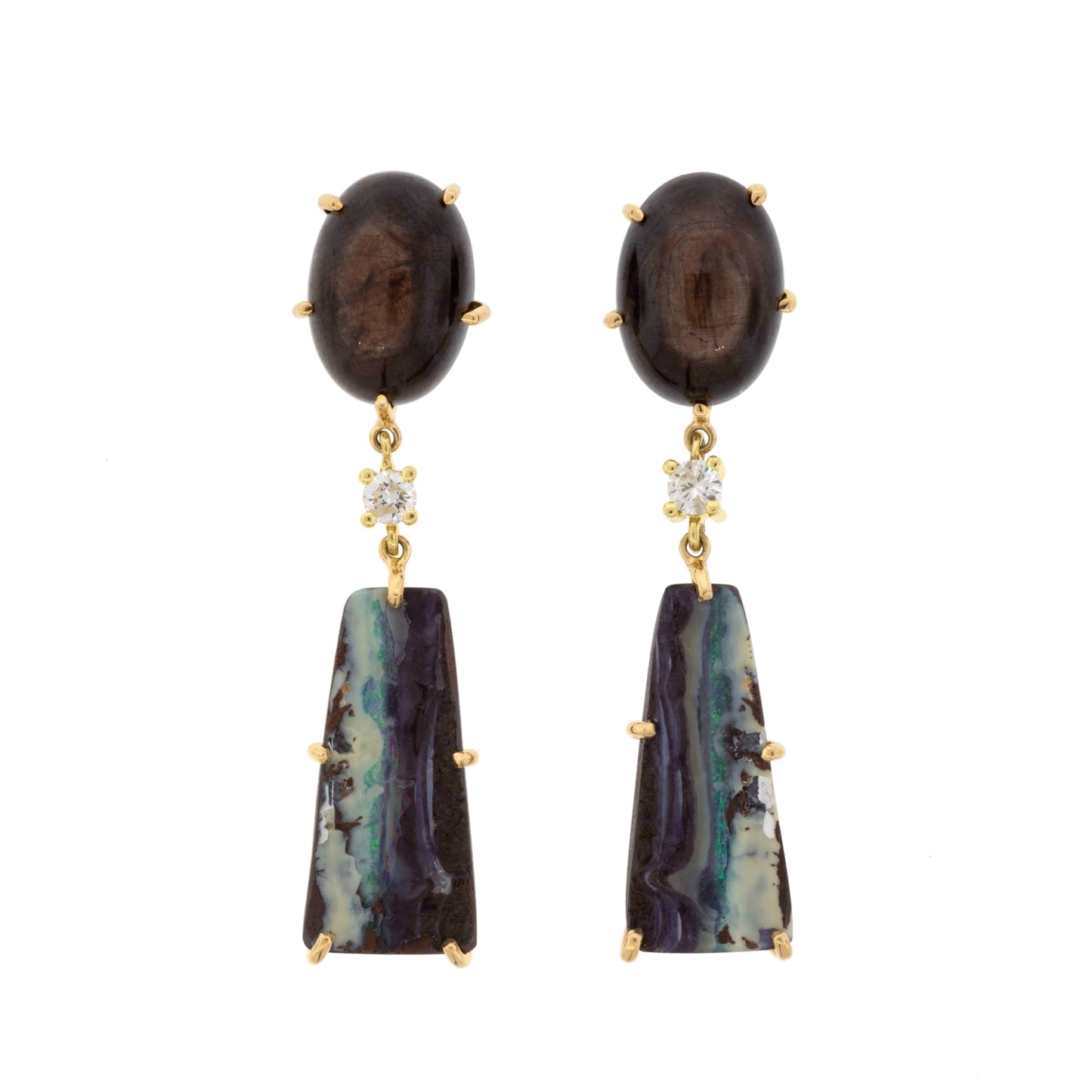 18K One of a Kind 2-Tier Gemstone Earrings: Natural Brown Sillimanite Cat's Eye, Yowah Boulder Opal & Diamond