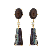  18k gold earrings with black star sapphire studs, azurite-malachite drops