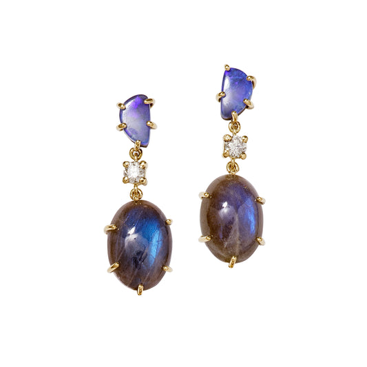 18K One of a Kind 2-Tier Gemstone Earrings: Boulder Opal Doublet and Diamond