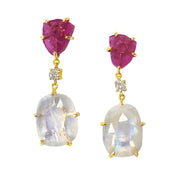 Rough ruby trillion and oval moonstone diamond drop earrings in 18k gold vermeil