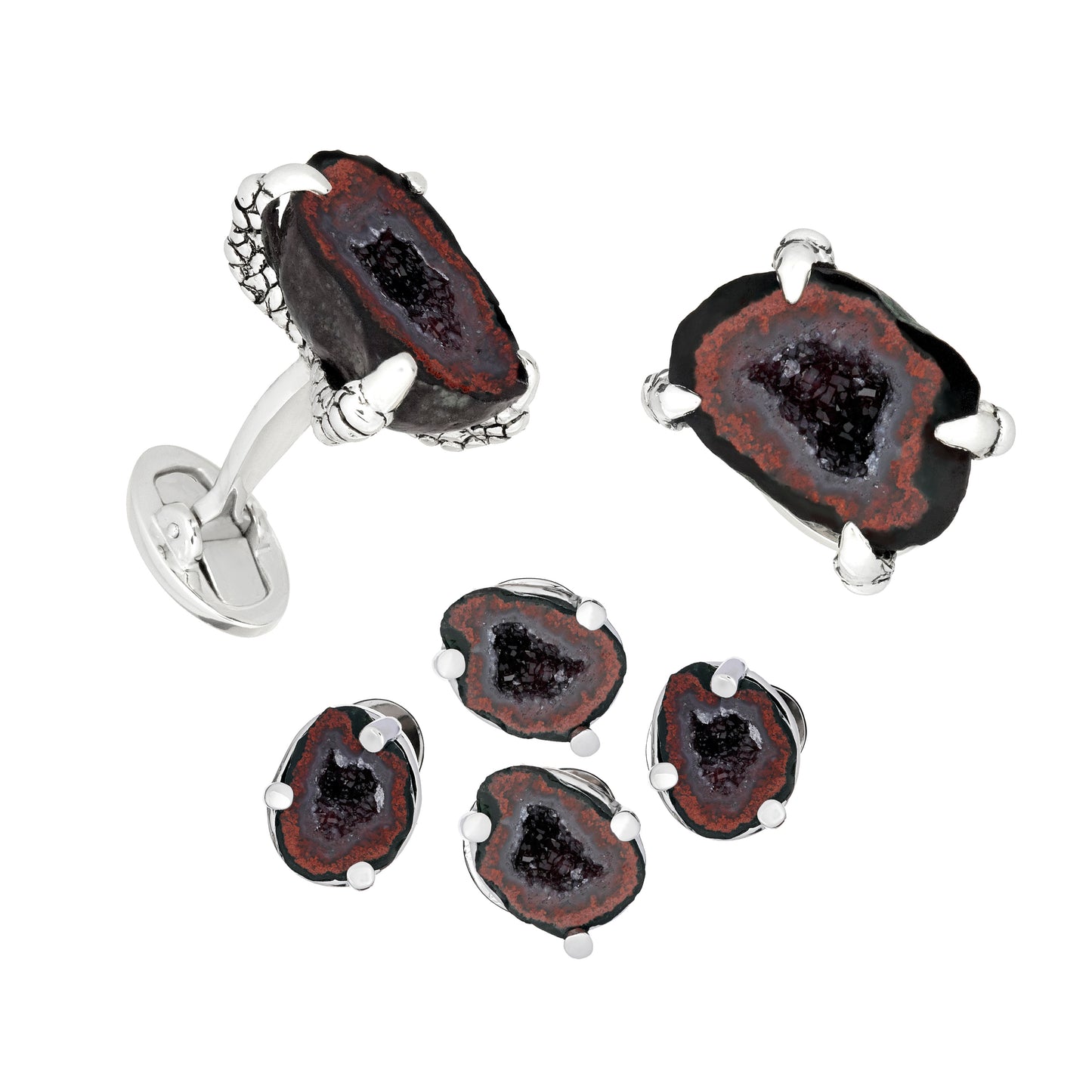 Agate Druzy Geode Claw Sterling Silver Cufflinks & Prong Tuxedo Studs I Jan Leslie