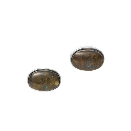 Oval boulder opal cufflinks in a sleek sterling silver bezel 