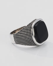Cross Etched Black Onyx Sterling Silver Ring