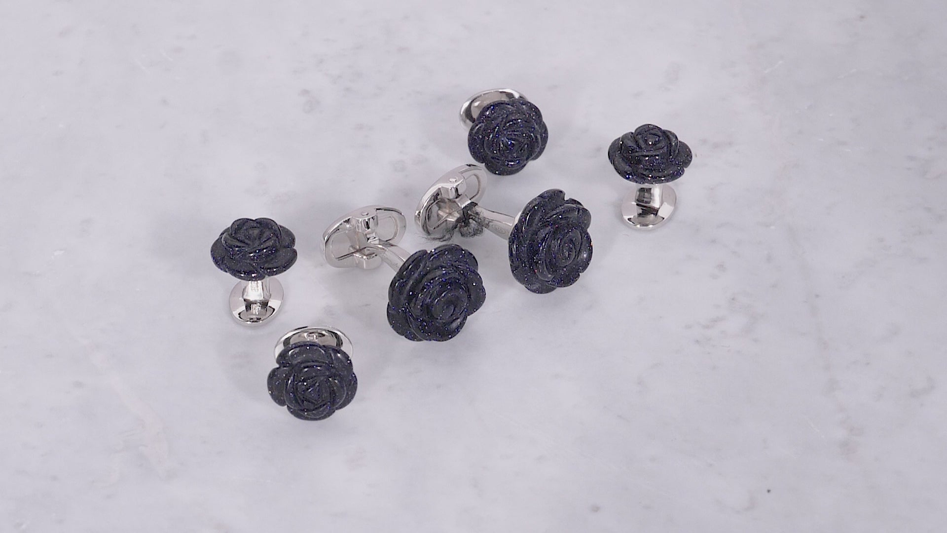 Hand Carved Blue Goldstone Sparkle Rose Cufflinks and Tuxedo Set