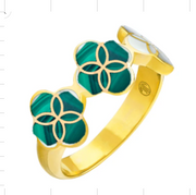Gold-plated triple flower bypass ring with rich green malachite petal inlay.