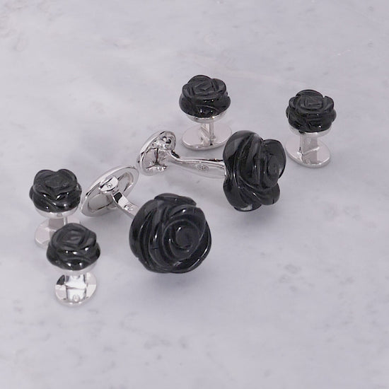 180 degree video of Hand Carved Gemstone Rose Sterling Silver Cufflinks and Tuxedo Studs. 