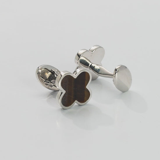 Video of a 360 degree view of the Four Leaf Clover Gemstone and Sterling Silver Cufflinks with tiger's eye inlay. 