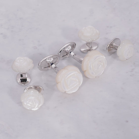 Video of Hand Carved Gemstone Rose Sterling Silver Cufflinks and Tuxedo Studs in mother of pearl. 