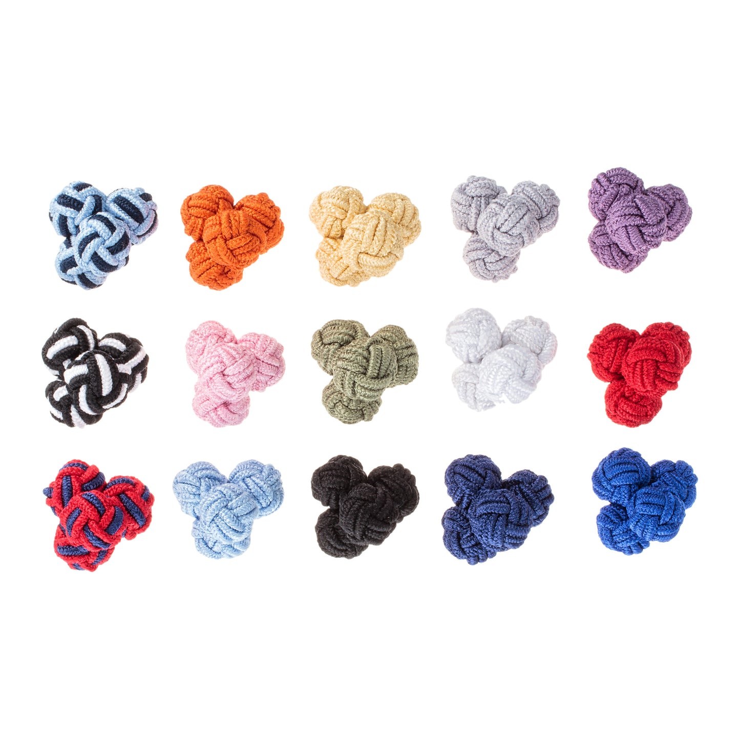 Assorted Knot Cufflinks - Jan Leslie Cufflinks and Accessories.  From top to bottom and left to right: Dark blue and light blue knot, bright orange knot, yellow knot, grey knot, purple knot. Black and white knot, pink knot, light green knot, white knot, red knot. Red and blue knot, light blue knot, black knot, navy knot, azure blue knot. 
