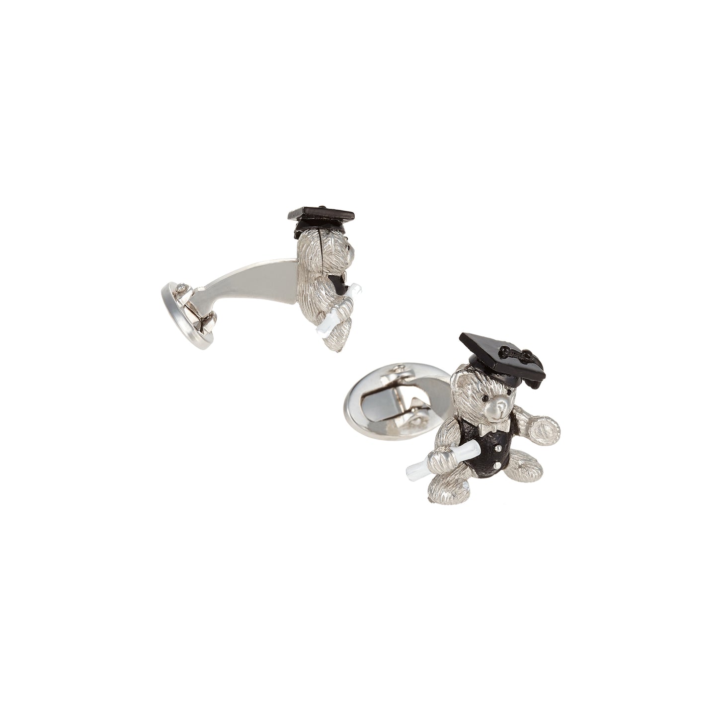 Side and front view of the Graduation Gift Bear Sterling Silver Cufflinks. 