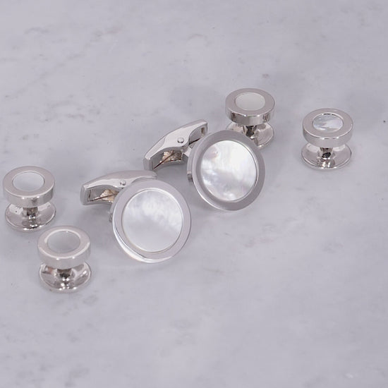 180 video of Jan Leslie's Mother of Pearl Inlay Round Sterling Silver Cufflinks & Tuxedo Studs in mother of pearl. 