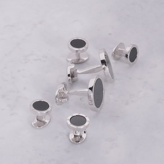 180 video of Jan Leslie's Onyx Gemstone with Rivet Etch Detail Sterling Silver Cufflinks & Tuxedo Studs. 