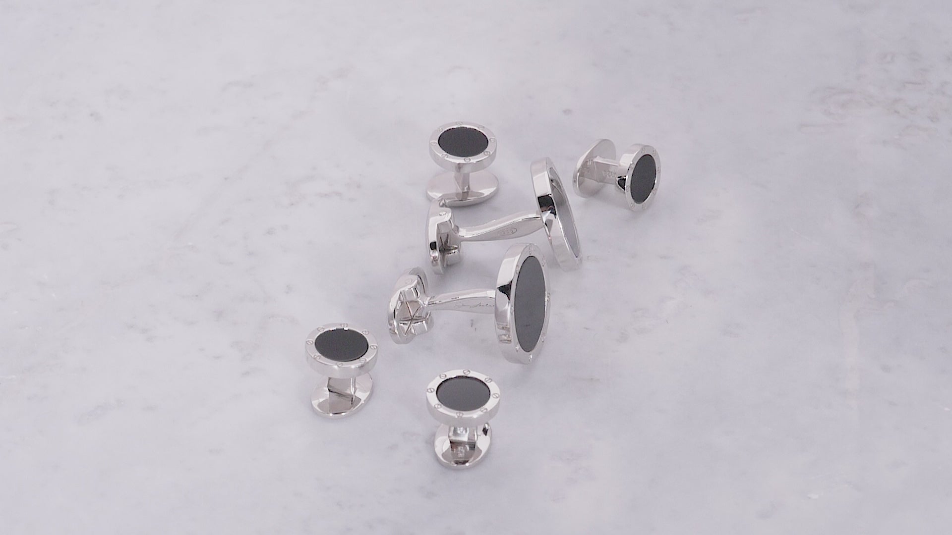 180 video of Jan Leslie's Onyx Gemstone with Rivet Etch Detail Sterling Silver Cufflinks & Tuxedo Studs. 