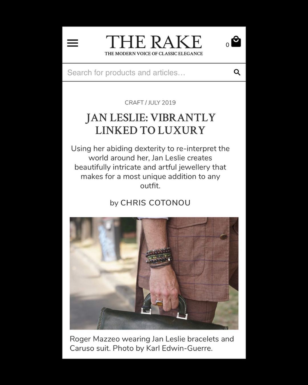 The Rake Magazine featuring Jan Leslie jewelry including the Leather Adjustable Cuff Sterling Silver Bracelet. 