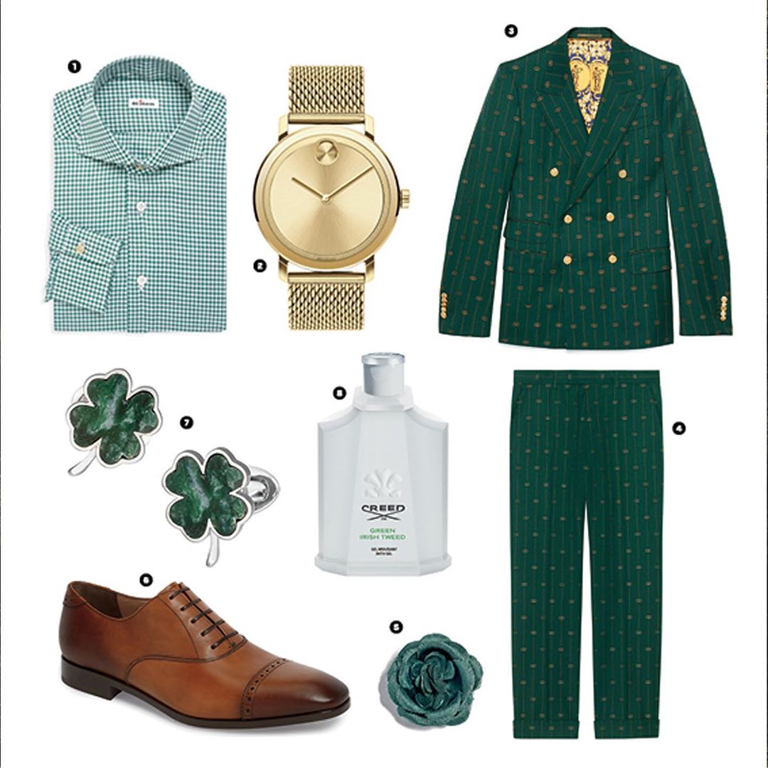 How to wear Green Onyx Four Leaf Clover Sterling Silver Cufflinks. From left to right: Green gingham plaid button down shirt, gold Movado wrist watch, Green with gold patterned and gold button double breasted suit jacket, Green Onyx Four Leaf Clover Sterling Silver Cufflinks, Creed cologne, Green patterned suit pants, brown leather wingtip dress shoes, green silk flower lapel pin.  