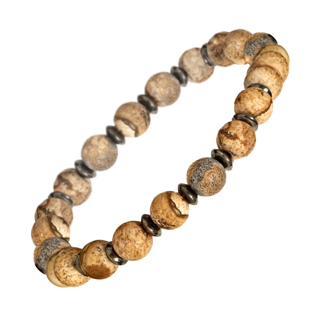 Gemstone Bead Bracelet with Alternating Accent Beads in picture jasper elastic | Jan Leslie Cufflinks and Accessories. 