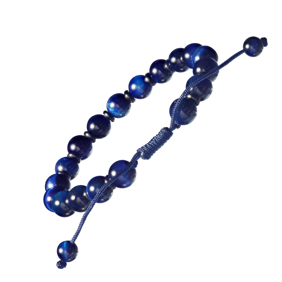 Back view of Blue Tiger Eye Handmade Beaded Bracelet with Metal Accent on a Wax Cord I Jan Leslie Cufflinks and Accessories.