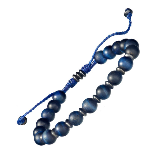 Matte Blue Tiger Eye Handmade Beaded Bracelet with Metal Accent on a Wax Cord I Jan Leslie Cufflinks and Accessories. 