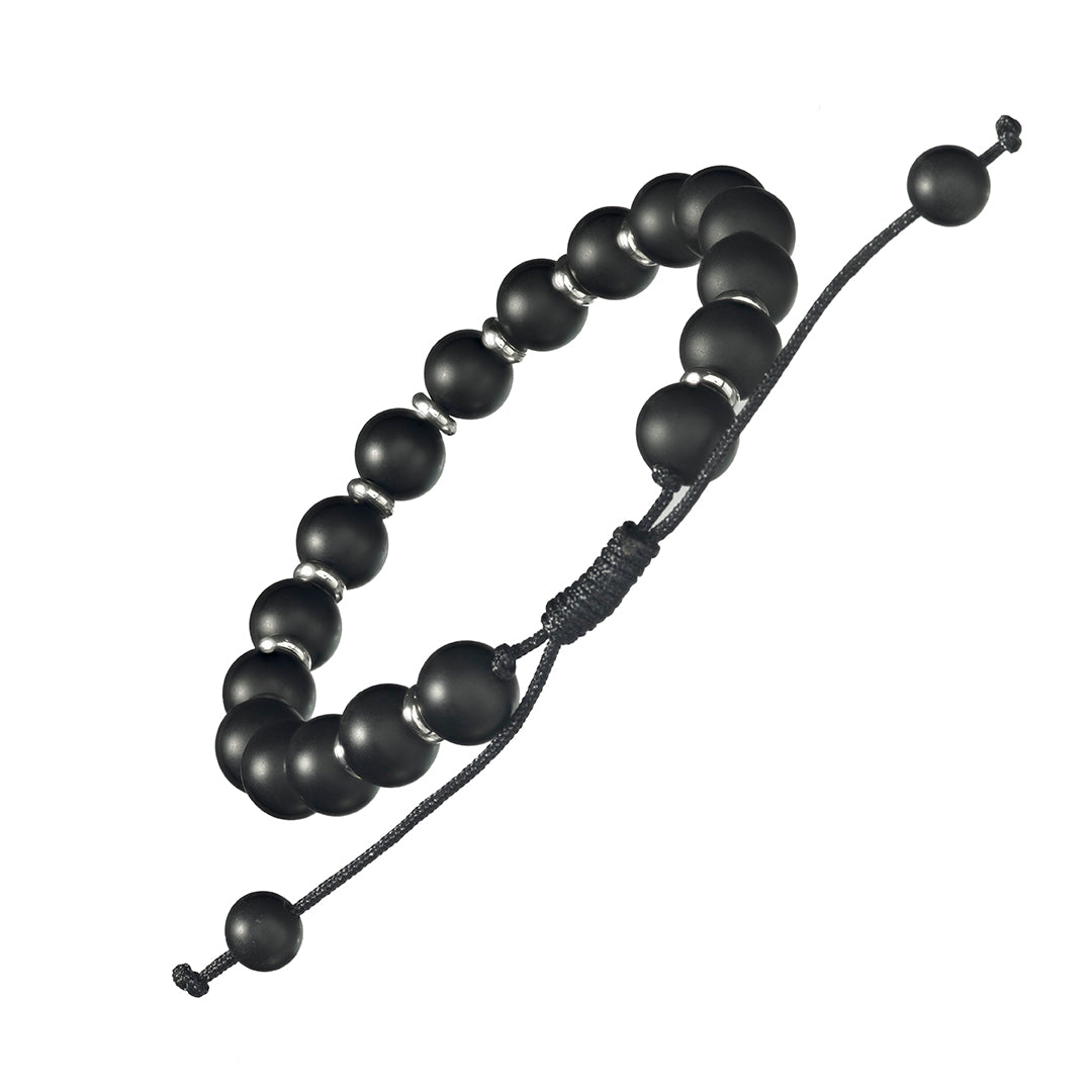 Back view of the Handmade Matte Black Onyx Beaded Bracelet with Metal Accent on a Wax Cord from Jan Leslie of NYC. 