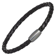 Black five-strand braided leather bracelet with gunmetal magnetic barrel clasp front view showing full braid pattern by Jan Leslie