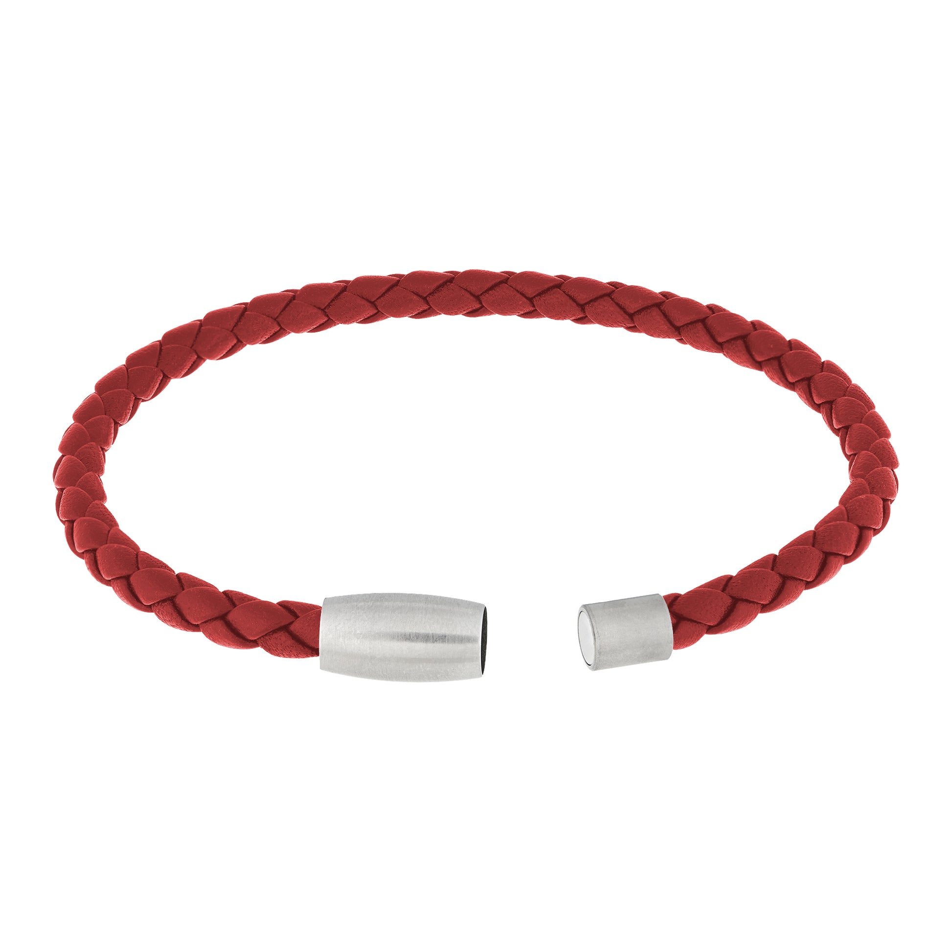 Close up of the stainless steel magnetic opening on the Red Braided Leather Magnetic Bracelet. 