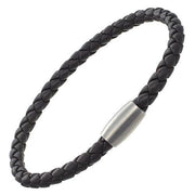Dark brown braided leather bracelet with brushed steel magnetic barrel clasp
