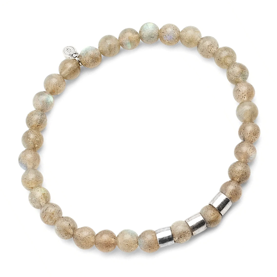Top view of the Gemstone Beads and Sterling Silver Spacer Elastic Bracelet in labradorite. 