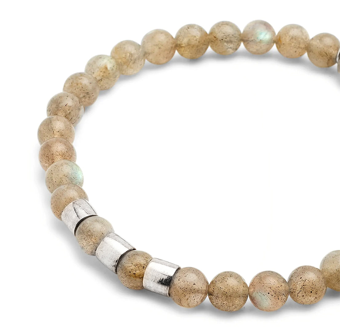 Close up of labradorite beads and sterling silver spacers on the Gemstone Beads and Sterling Silver Spacer Elastic Bracelet. 