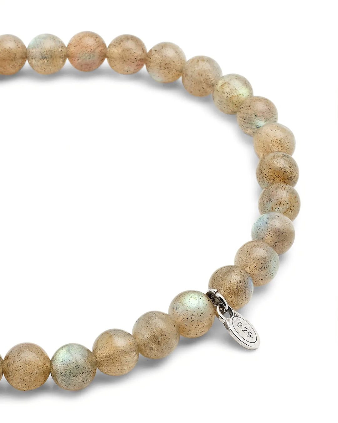 Close up of labradorite gemstones and 925 sterling silver tag.