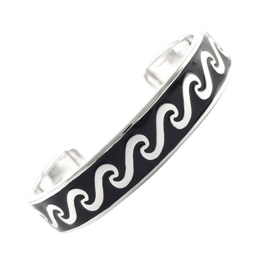 Wide Crushed Wave Pattern Gemstone Inlay Sterling Silver Cuff Bracelet in onyx inlay I Jan Leslie Cufflinks and Accessories.