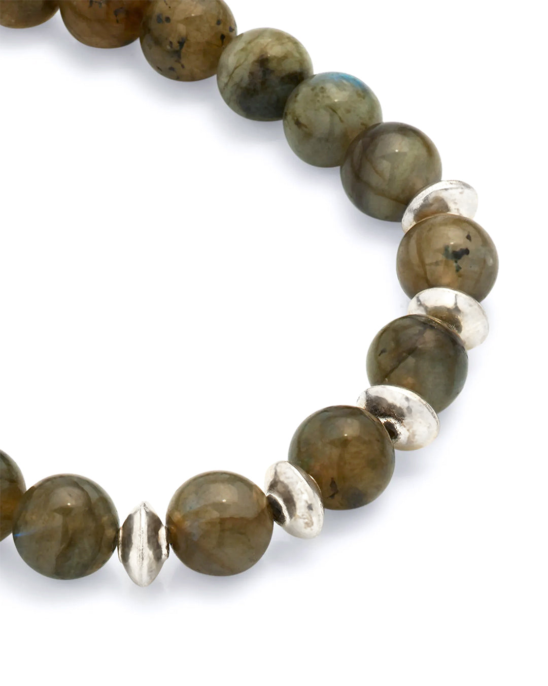 Close up of grey  labradorite beads and cylinder spacers on the Gemstone Beads and Sterling Silver Cylinder Spacer Elastic Bracelet. 