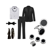 How to wear board featuring Jan Leslie's Onyx Gemstone with Rivet Etch Detail Sterling Silver Cufflinks & Tuxedo Studs. From top to bottom and left to right: white tuxedo shirt folded accented with Onyx Gemstone with Rivet Etch Detail Sterling Silver Cufflinks & Tuxedo Studs, black tuxedo pants, a black tuxedo jacket with a black ribbon accented lapel. Black bow tie, black patent leather loafers and Onyx Gemstone with Rivet Etch Detail Sterling Silver Cufflinks & Tuxedo Studs on the side to the right. 