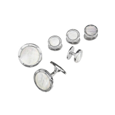 Mother of Pearl Gemstone with Rivet Etch Detail Sterling Silver Cufflinks & Tuxedo Studs I Jan Leslie Cufflinks and Accessories. 