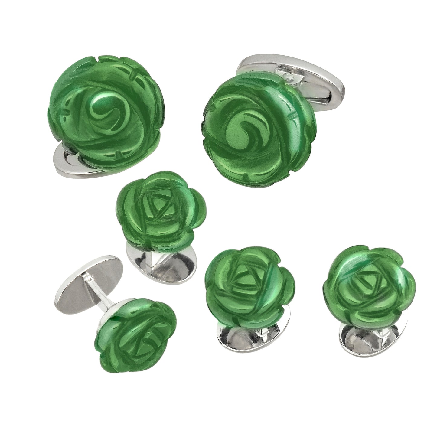 Hand Carved Gemstone Rose Sterling Silver Cufflinks and Tuxedo Studs in green agate I Jan Leslie Cufflinks and Accessories. 