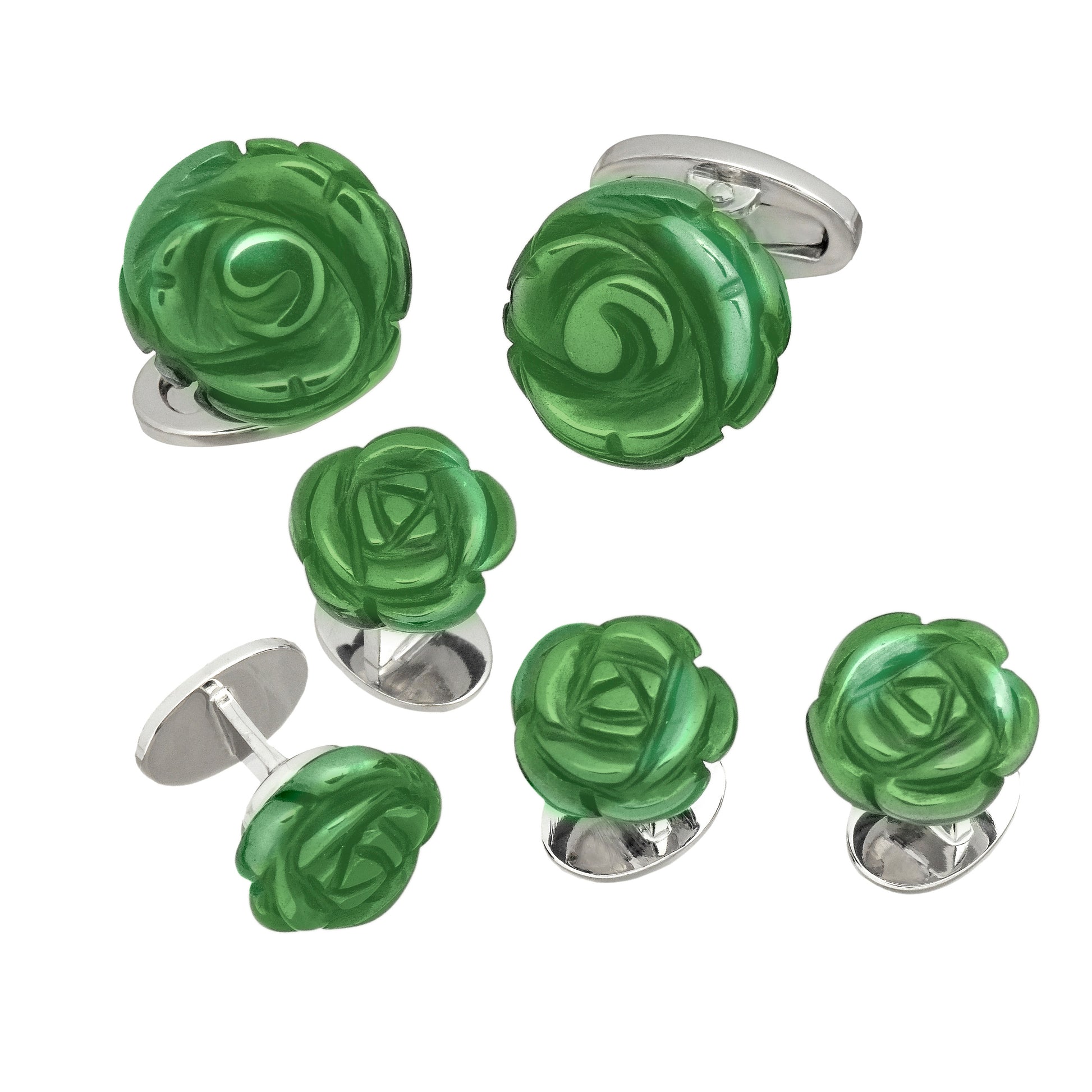 Hand Carved Gemstone Rose Sterling Silver Cufflinks and Tuxedo Studs in green agate I Jan Leslie Cufflinks and Accessories. 