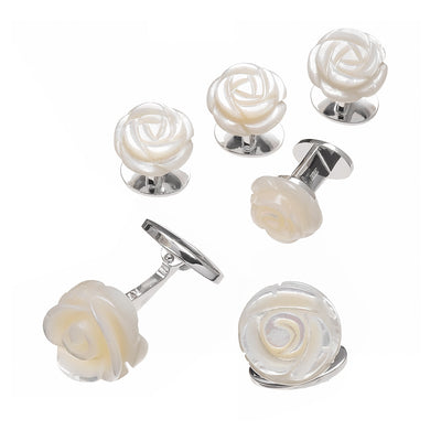 Hand Carved Gemstone Rose Sterling Silver Cufflinks and Tuxedo Studs in mother of pearl I Jan Leslie Cufflinks and Accessories. 