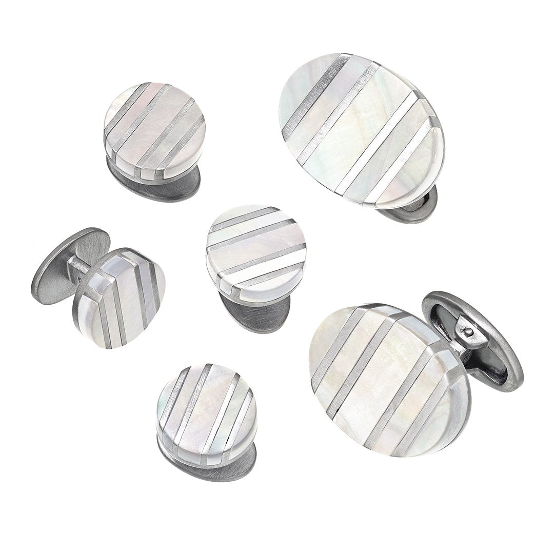 Oval Stripe Mother of Pearl Sterling Silver Cufflinks and Tuxedo Studs round tuxedo studs and oval cufflinks I Jan Leslie Cufflinks and Accessories. 