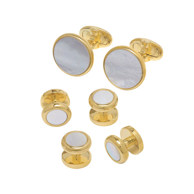 Gemstone Inlay Classic Round 18K Vermeil Rim Cufflink & Tuxedo Set with mother of pearl inlay I Jan Leslie Cufflinks and Accessories. 