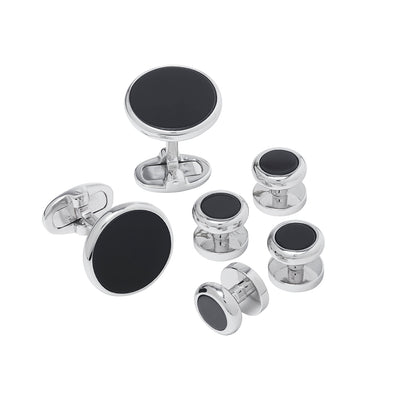 Gemstone Inlay Classic Round Sterling Silver Rim Cufflink and Tuxedo Stud Set with black onyx inlay I Jan Leslie Cufflinks and Accessories. 