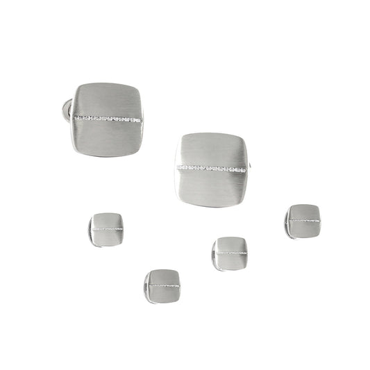 Brushed Soft Square Sterling Silver Cufflinks and Tuxedo Studs with Diamonds I Jan Leslie Cufflinks and Tuxedo Studs.