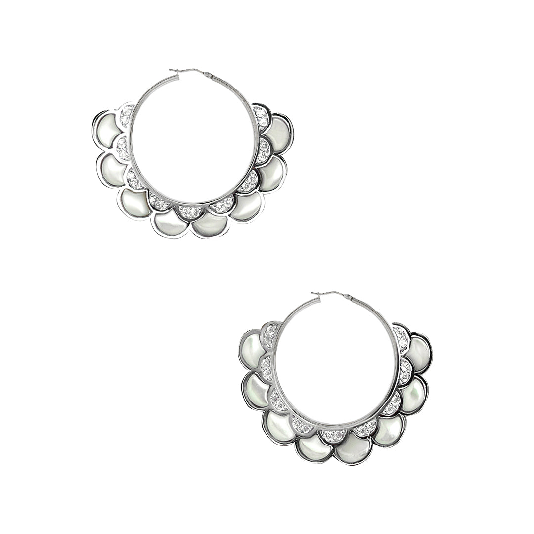 Koi Cascade Mother of Pearl Small Hoop Sterling Silver Earrings in white mother of pearl with diamonds on silver I Jan Leslie Cufflinks and Accessories. 